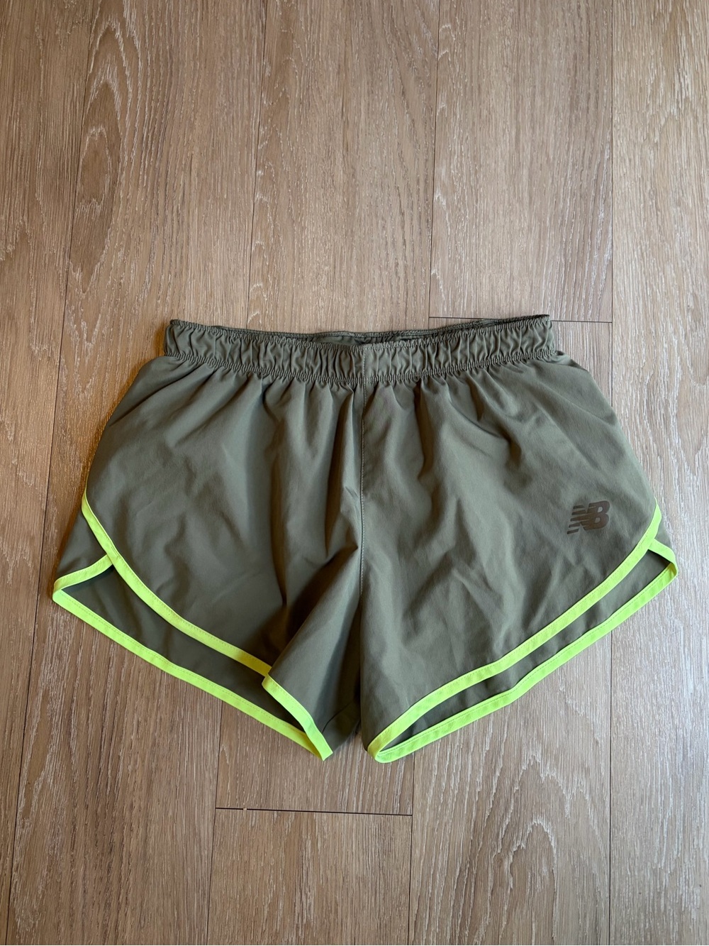 New Balance Olive Green Athletic Shorts with Neon Yellow Trim